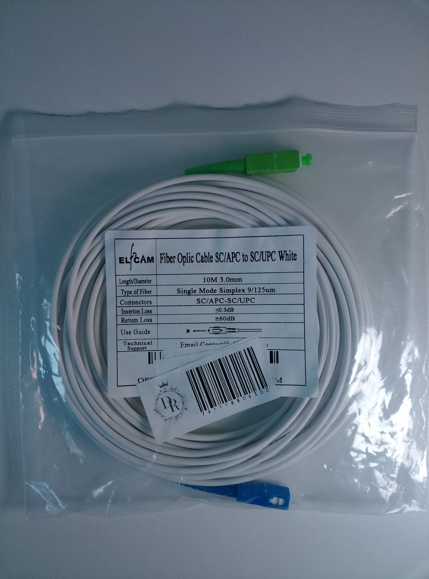 Elcam Fiber Optic Cable SC/APC to SC/UPC White - čelní pohled